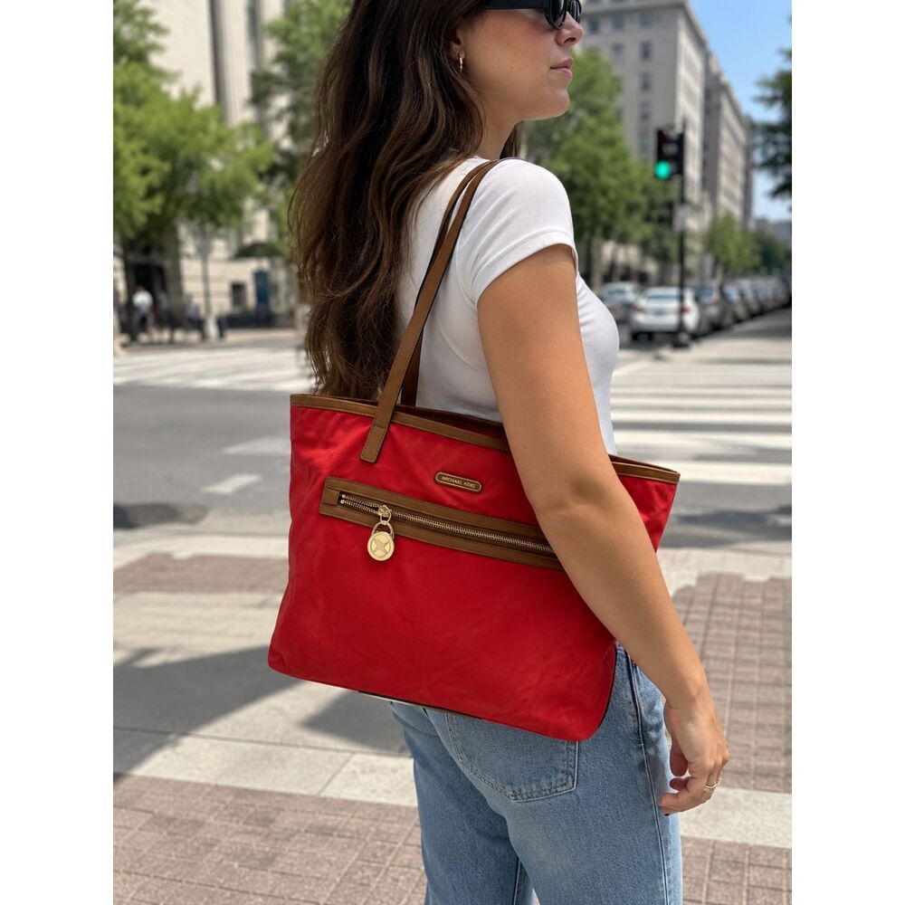 ✨ Michael Kors Kempton Medium Red Nylon Pocket Tote Bag MK Charm ✨